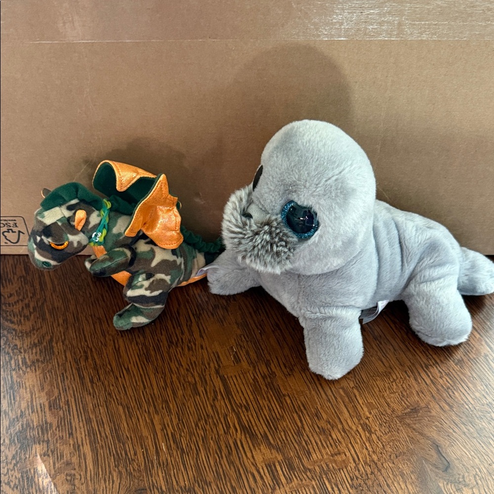 2 TY toys - Ty Gray Seal and Camouflage Dinosaur